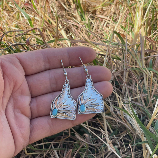 Turquoise Cow Tag Fashion Earrings WA110 - RODEO DRIVE