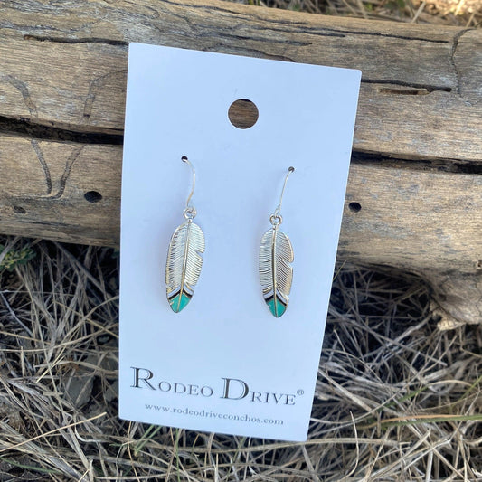 Turquoise Feather Dangle Silver Fashion Earrings WA178 - RODEO DRIVE
