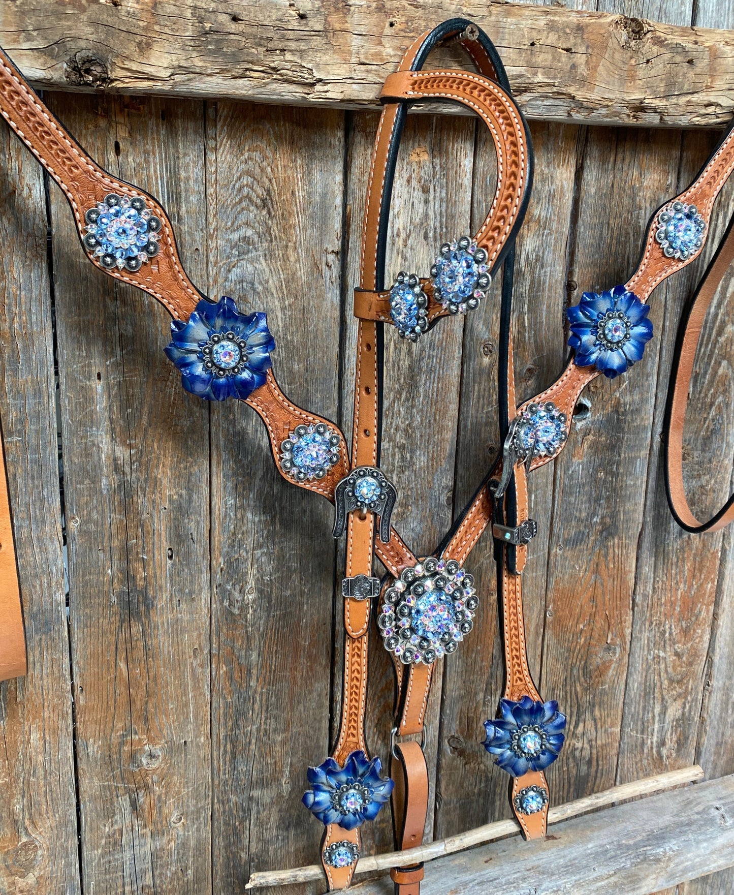 Light Oil Basketweave Blue Wither Strap, One Ear & Breastcollar Tack Set #OEBC438 - RODEO DRIVE