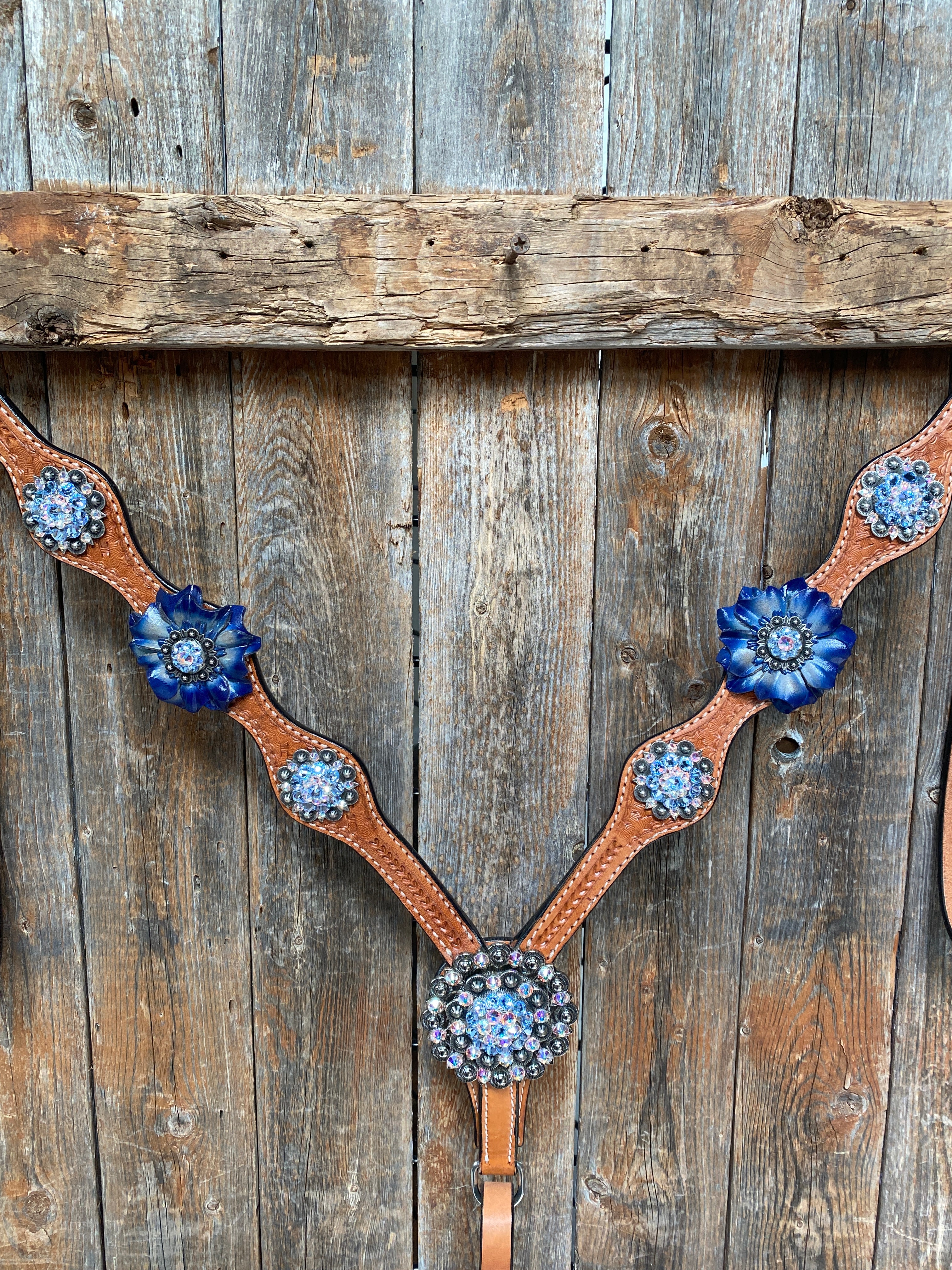 Light Oil Basketweave Blue Wither Strap, One Ear & Breastcollar Tack Set #OEBC438 - RODEO DRIVE