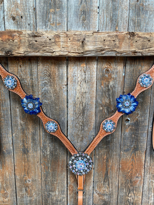 Light Oil Basketweave Blue Wither Strap, One Ear & Breastcollar Tack Set #OEBC438 - RODEO DRIVE