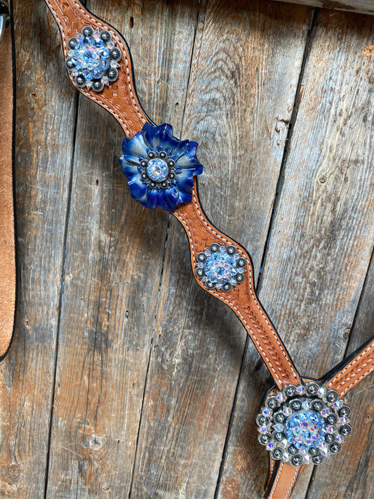 Light Oil Basketweave Blue Wither Strap, One Ear & Breastcollar Tack Set #OEBC438 - RODEO DRIVE