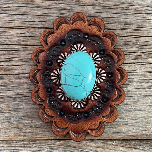 Leather Rosette with Turquoise Cabochon Western Concho R102CABTQ - RODEO DRIVE