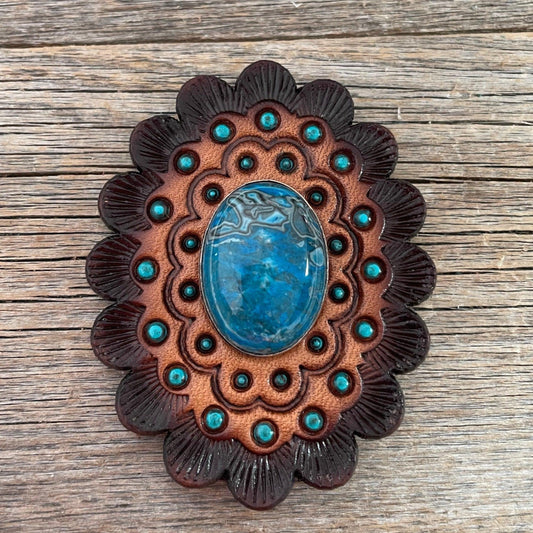 Leather Rosette Dark Oil Edges with Blue Cabochon Western Concho R104CABBL - RODEO DRIVE