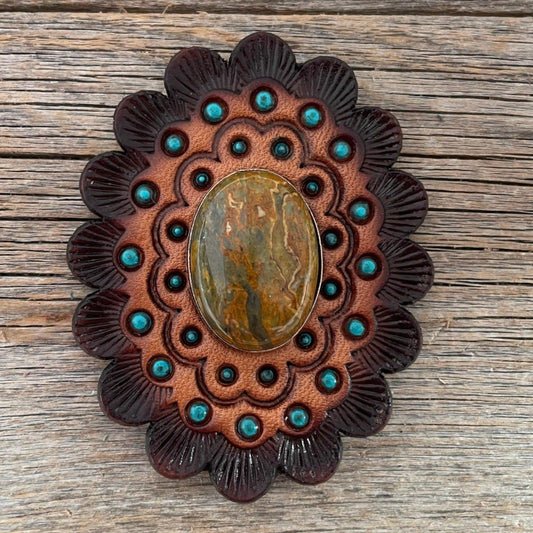 Leather Rosette Dark Oil Edges with Sage Cabochon Western Concho R104CABSG - RODEO DRIVE