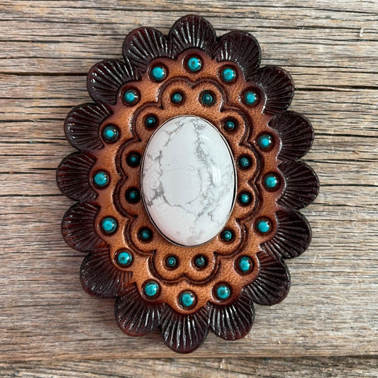 Leather Rosette Dark Oil Edges with White Cabochon Western Concho R104CABWT - RODEO DRIVE