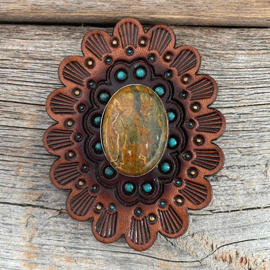 Leather Rosette Medium Oil Edges with Sage Cabochon Western Concho R107CABSG - RODEO DRIVE