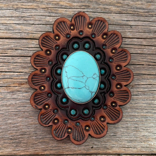 Leather Rosette Medium Oil Edges with Turquoise Cabochon Western Concho R107CABTQ - RODEO DRIVE