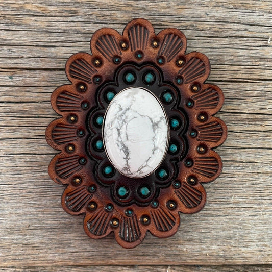 Leather Rosette Medium Oil Edges with White Cabochon Western Concho R107CABWT - RODEO DRIVE