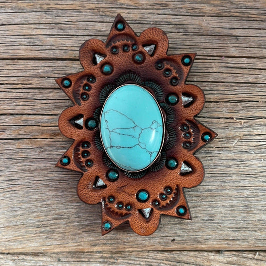 Leather Rosette Starburst - Turquoise Cabochon Western Concho R110CABTQ - RODEO DRIVE