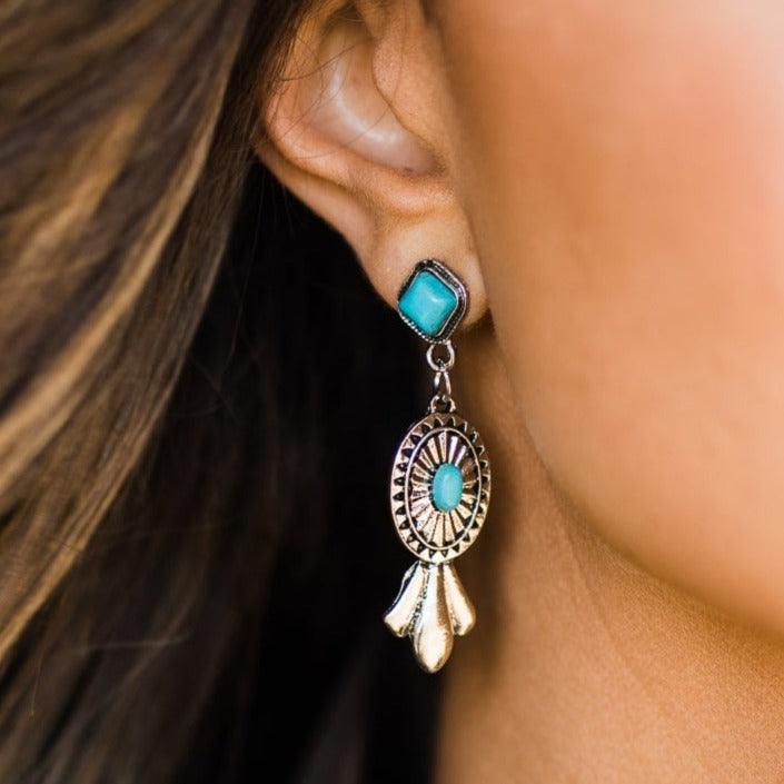 Squash Blossom Style Turquoise Dangle Fashion Earrings WA170 - RODEO DRIVE