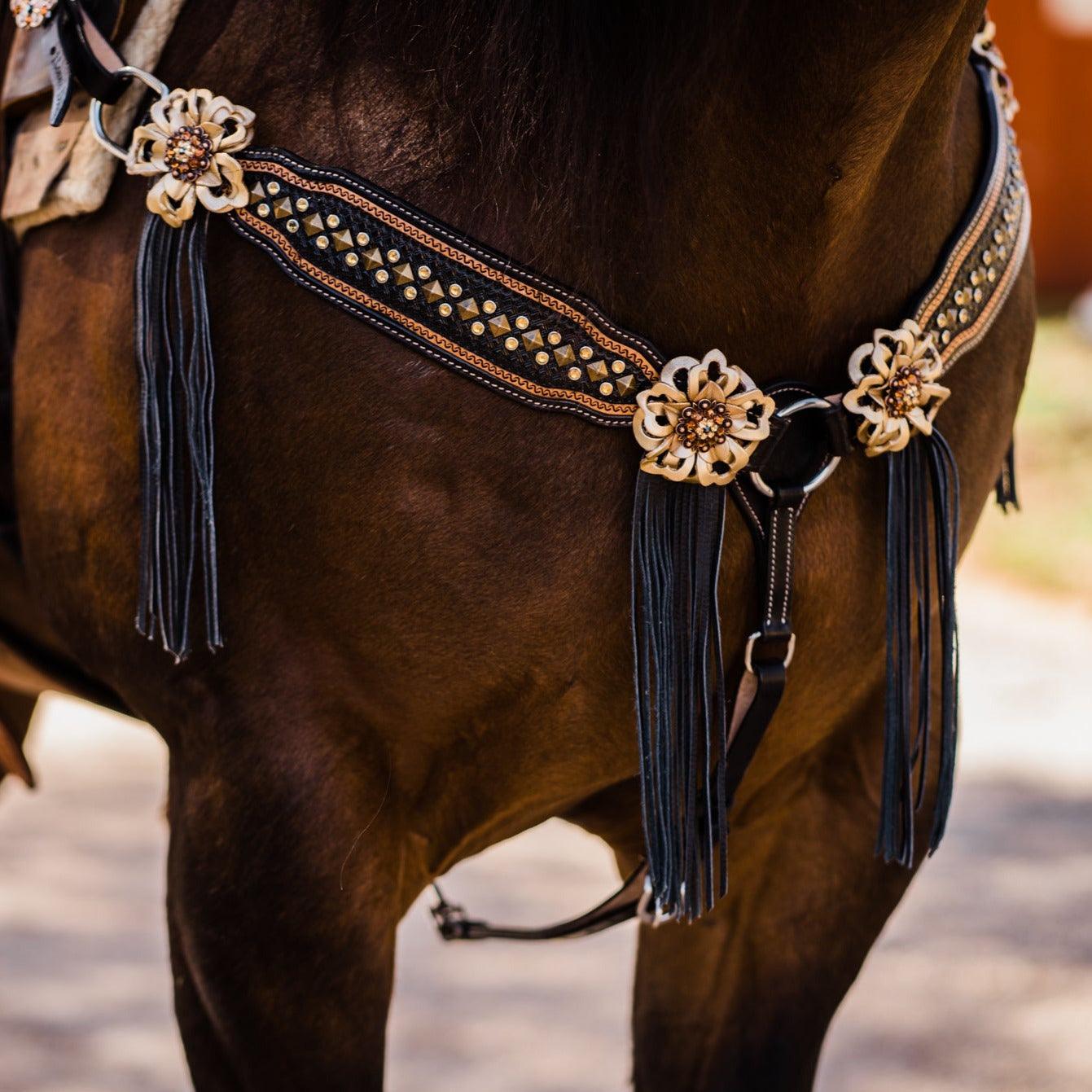 Two Tone Leather - Brass Studded Gold Browband / Breastcollar #BBBC538 - RODEO DRIVE