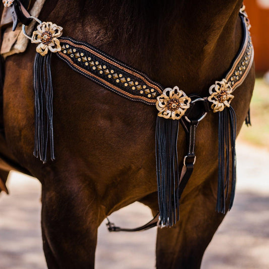Two Tone Leather - Brass Studded Gold Browband / Breastcollar #BBBC538 - RODEO DRIVE