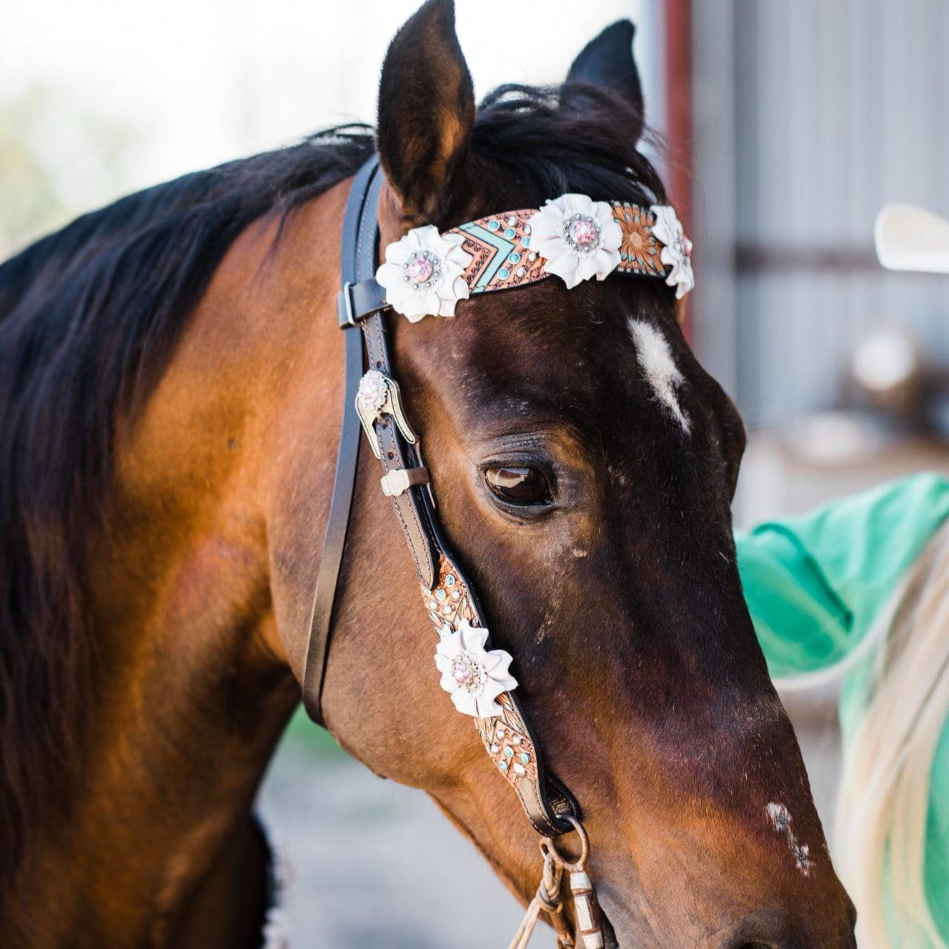 Two Tone Floral Pink and White Browband/ Breastcollar #BBBC539 - RODEO DRIVE