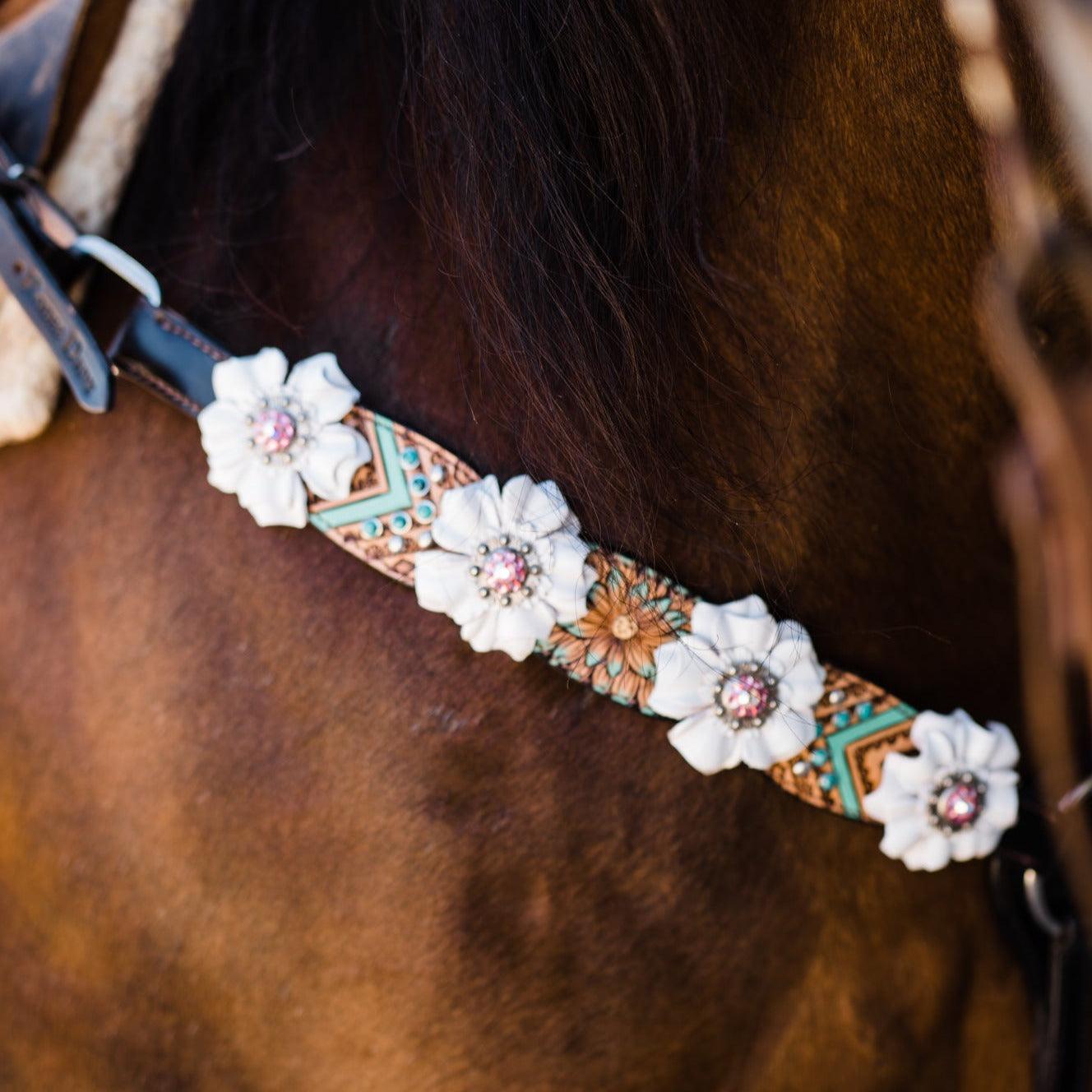 Two Tone Floral Pink and White Browband/ Breastcollar #BBBC539 - RODEO DRIVE