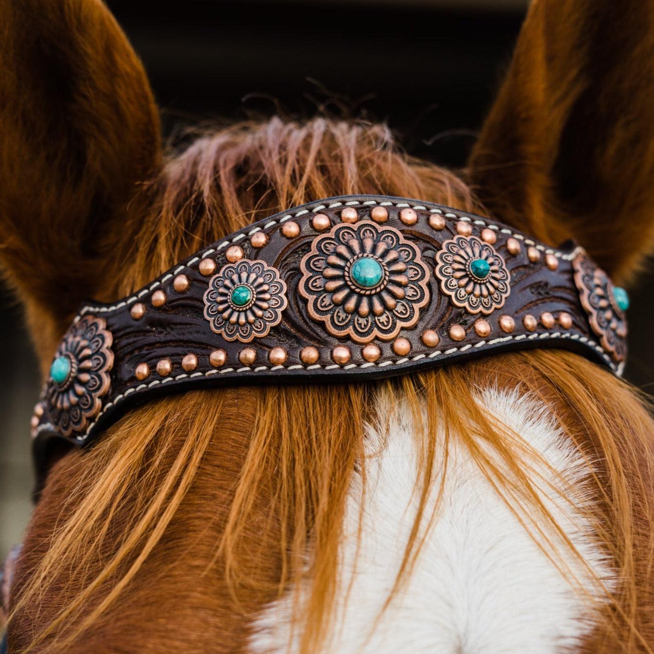 Dark Oil Copper Dot Floral with Turquoise Browband/One Ear Tack Set #BBBC476 - RODEO DRIVE