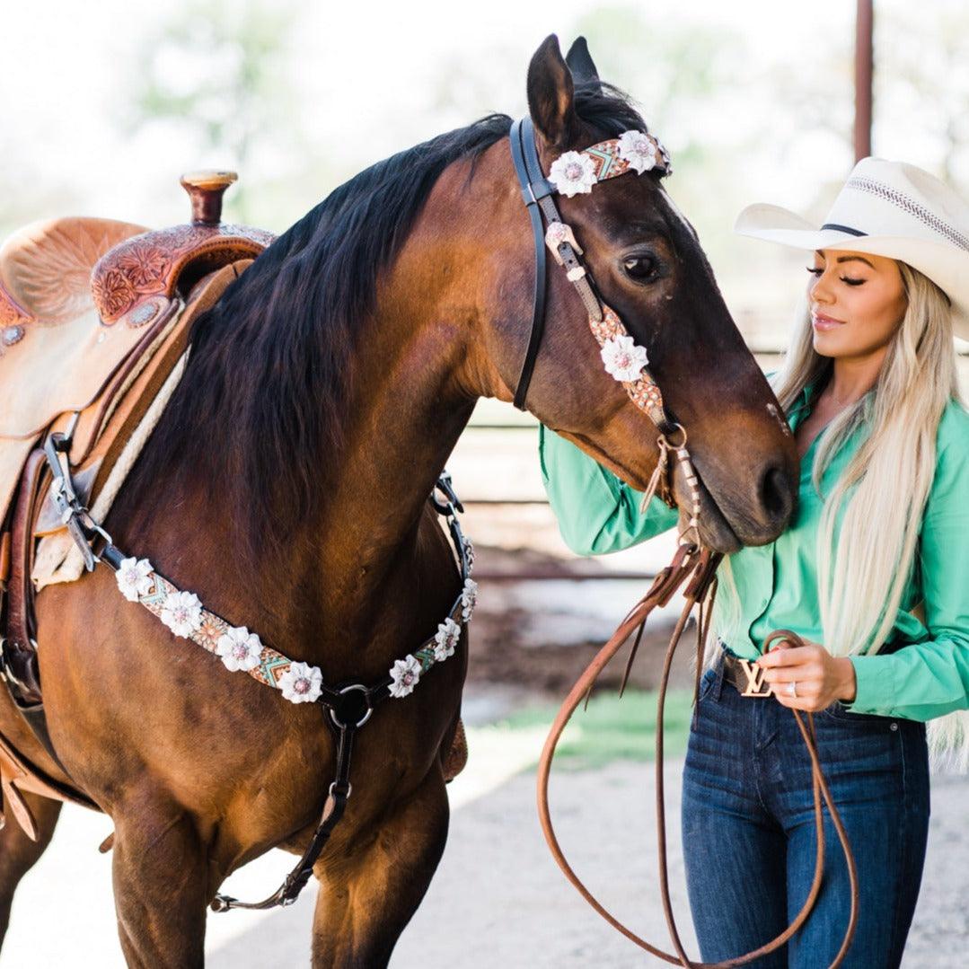 Two Tone Floral Pink and White Browband/ Breastcollar #BBBC539 - RODEO DRIVE