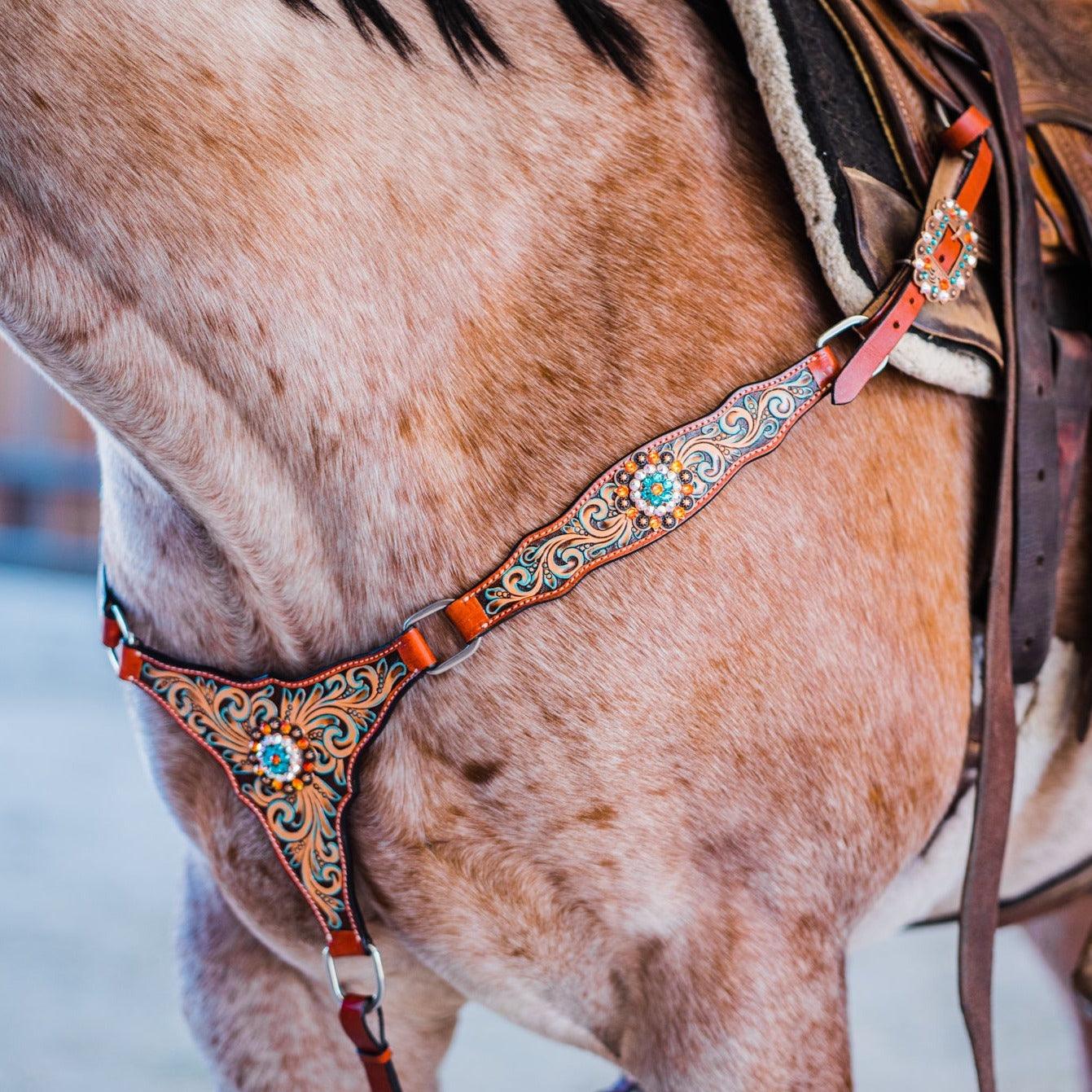Rust Triangle Fire Opal and Teal One Ear/ Breastcollar #OEBC518 - RODEO DRIVE