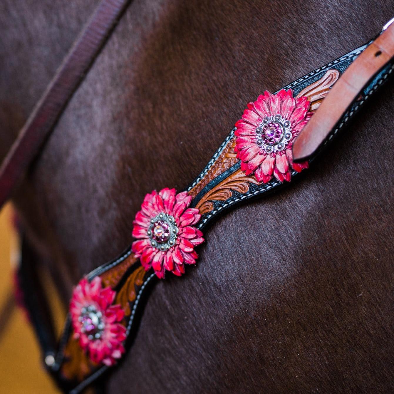 Leaf Scalloped Two Tone Pink Daisy One Ear Headstall / Bridle & Breastcollar Set #OEBC410 - RODEO DRIVE