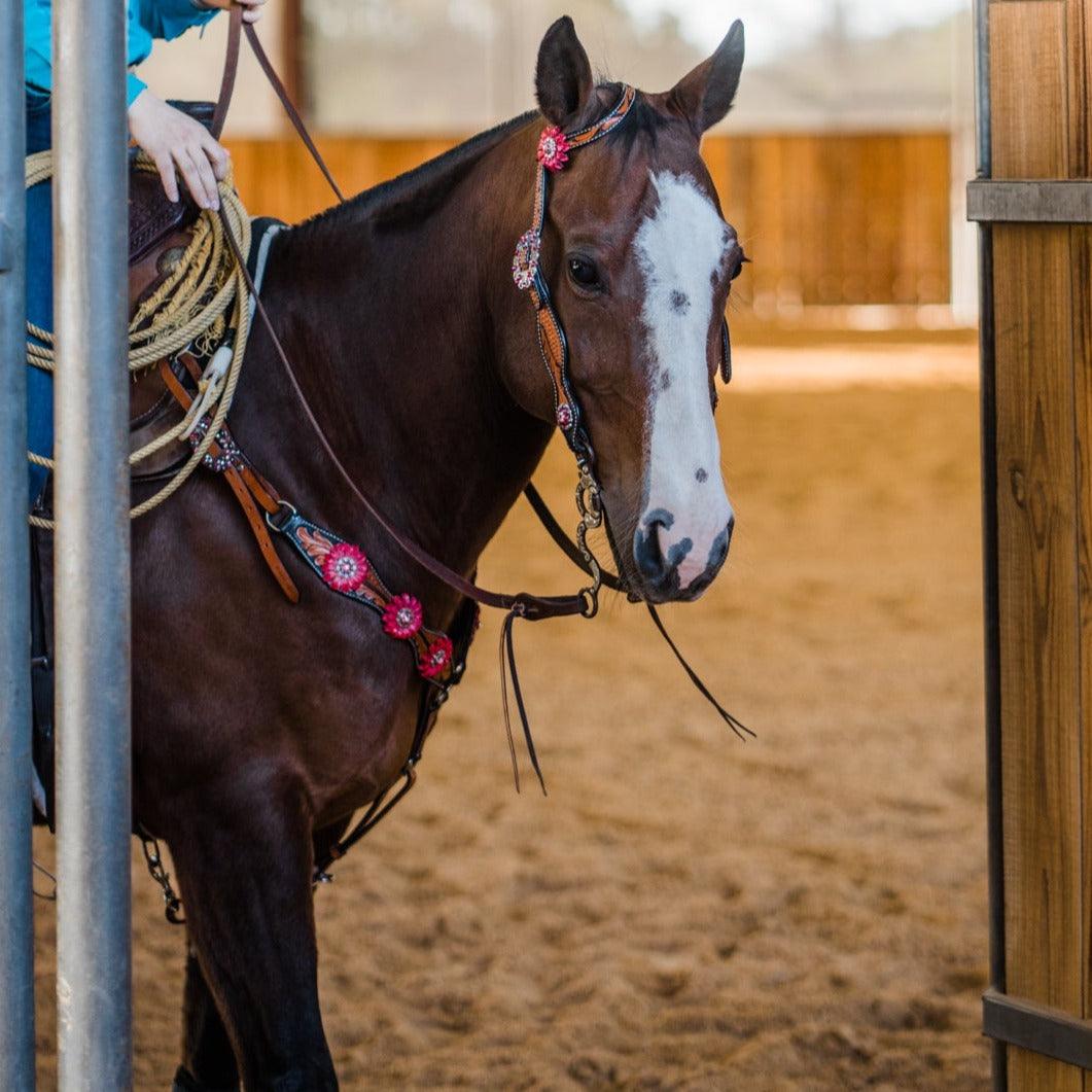 Leaf Scalloped Two Tone Pink Daisy One Ear Headstall / Bridle & Breastcollar Set #OEBC410 - RODEO DRIVE