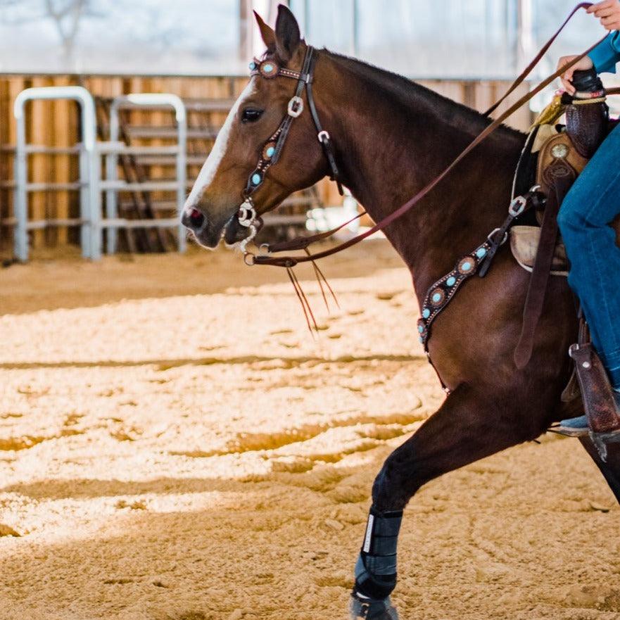 Dark Oil Floral Copper Dot Turquoise Cabochon Browband / Breastcollar #BBBC508 - RODEO DRIVE