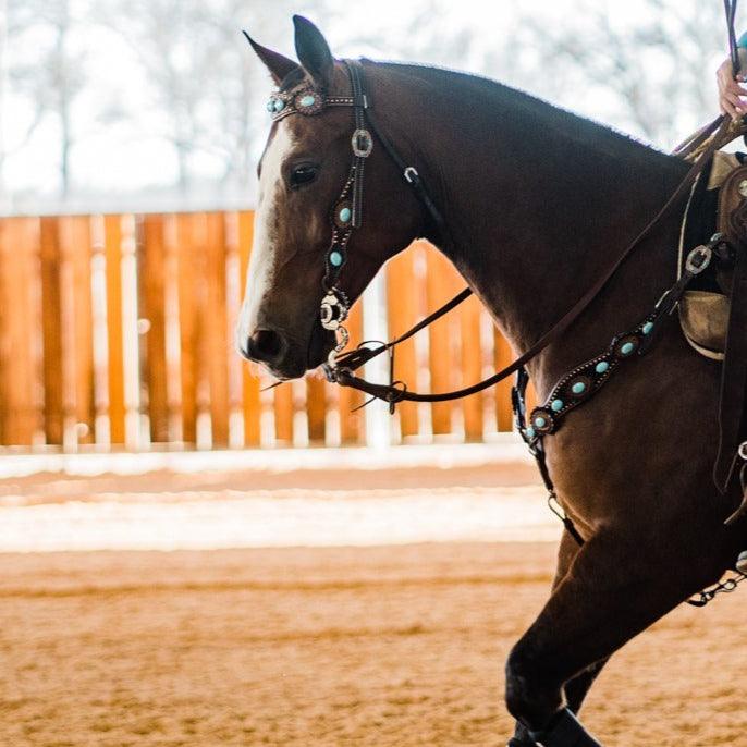 Dark Oil Floral Copper Dot Turquoise Cabochon Browband / Breastcollar #BBBC508 - RODEO DRIVE
