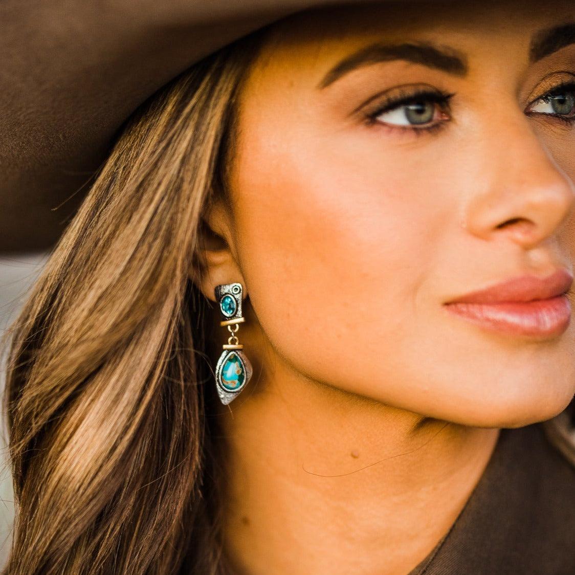 Turquoise and Aqua Dangle Silver Fashion Earrings WA105 - RODEO DRIVE