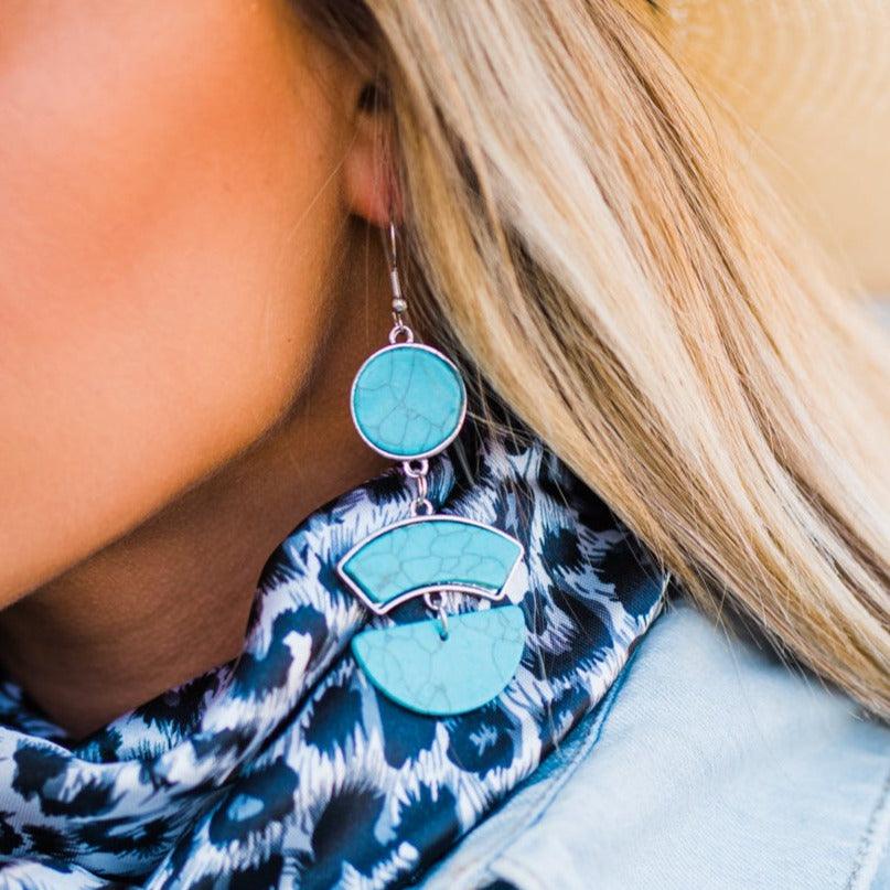 Chunky Turquoise Dangle Silver Fashion Earrings WA179 - RODEO DRIVE
