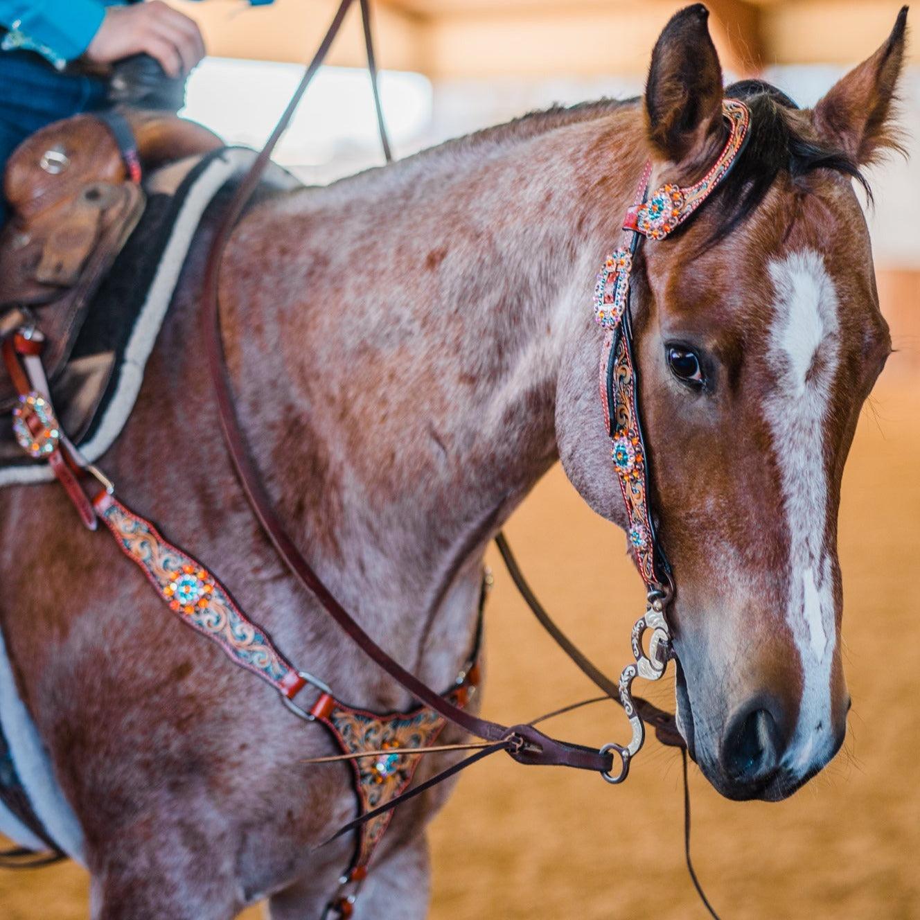 Rust Triangle Fire Opal and Teal One Ear/ Breastcollar #OEBC518 - RODEO DRIVE