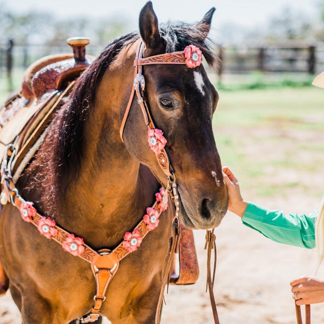 Honey Colored Floral Pink and Turquoise Tack Set #BBBC545