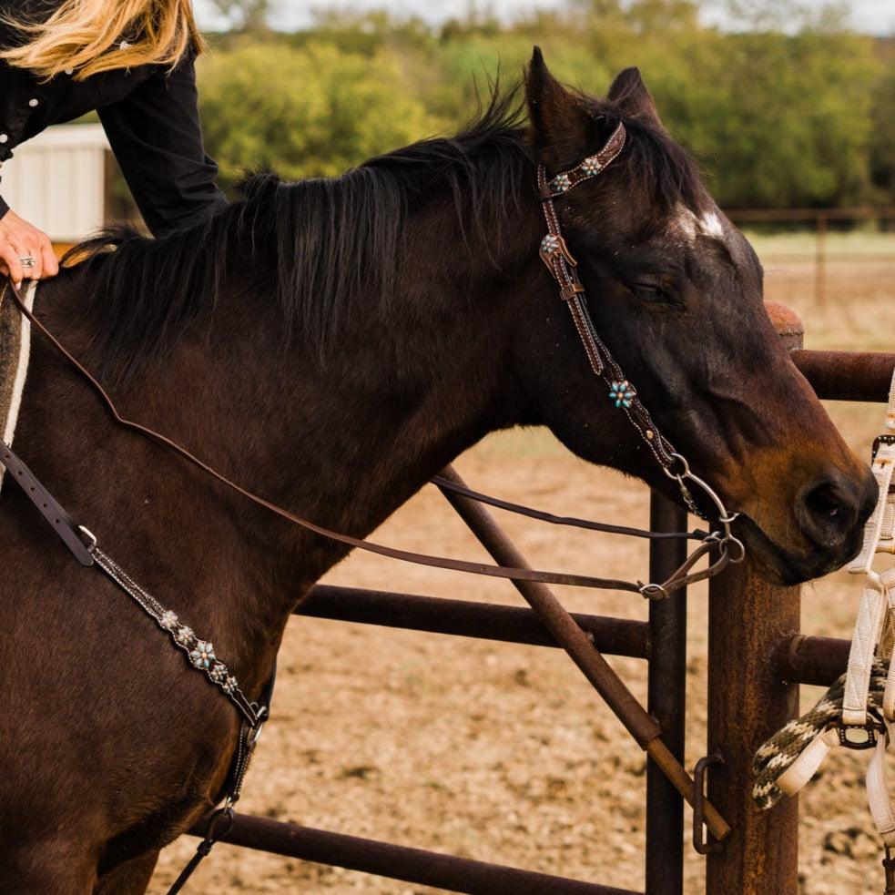 Dark Floral Turquoise Browband/One Ear Tack Set with Wither Strap #BBBC465 - RODEO DRIVE