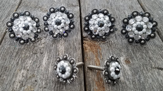 Antique Silver Jet Pearl & Clear Saddle Conchos - RODEO DRIVE