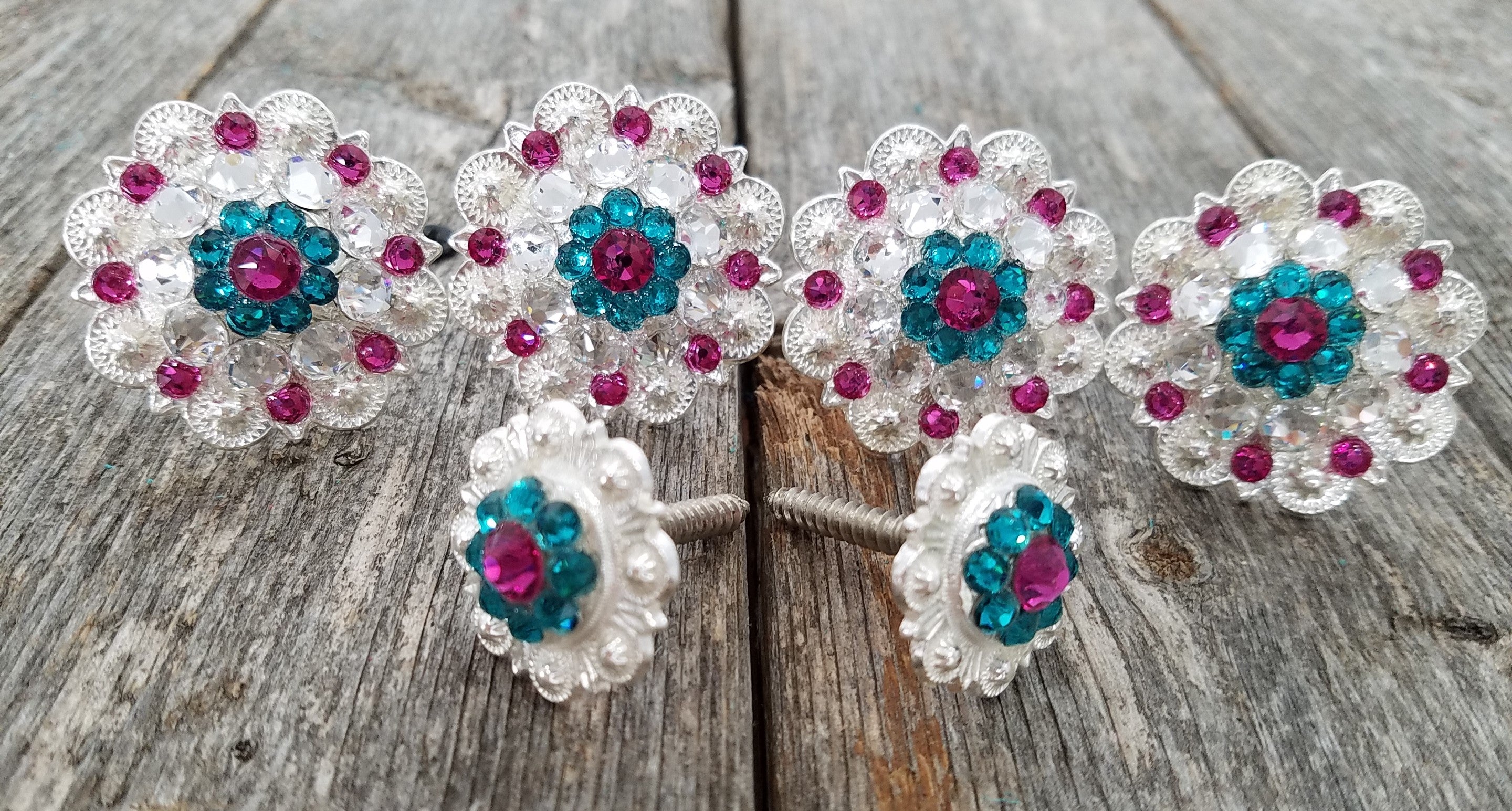 Bright Silver Fuchsia Teal & Clear Saddle Conchos - RODEO DRIVE
