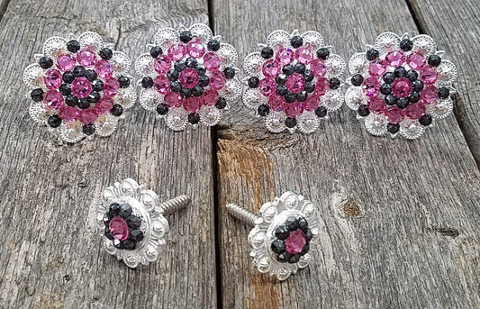 Bright Silver Pink & Jet Saddle Conchos - RODEO DRIVE