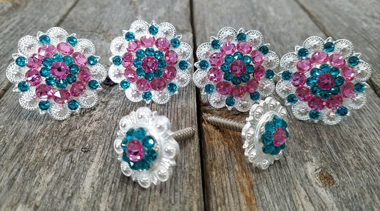 Bright Silver Pink & Teal Saddle Conchos - RODEO DRIVE