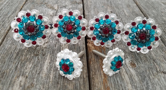 Bright Silver Ruby Jet & Teal Saddle Conchos - RODEO DRIVE