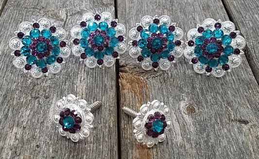 Bright Silver Teal & Amethyst Saddle Conchos - RODEO DRIVE