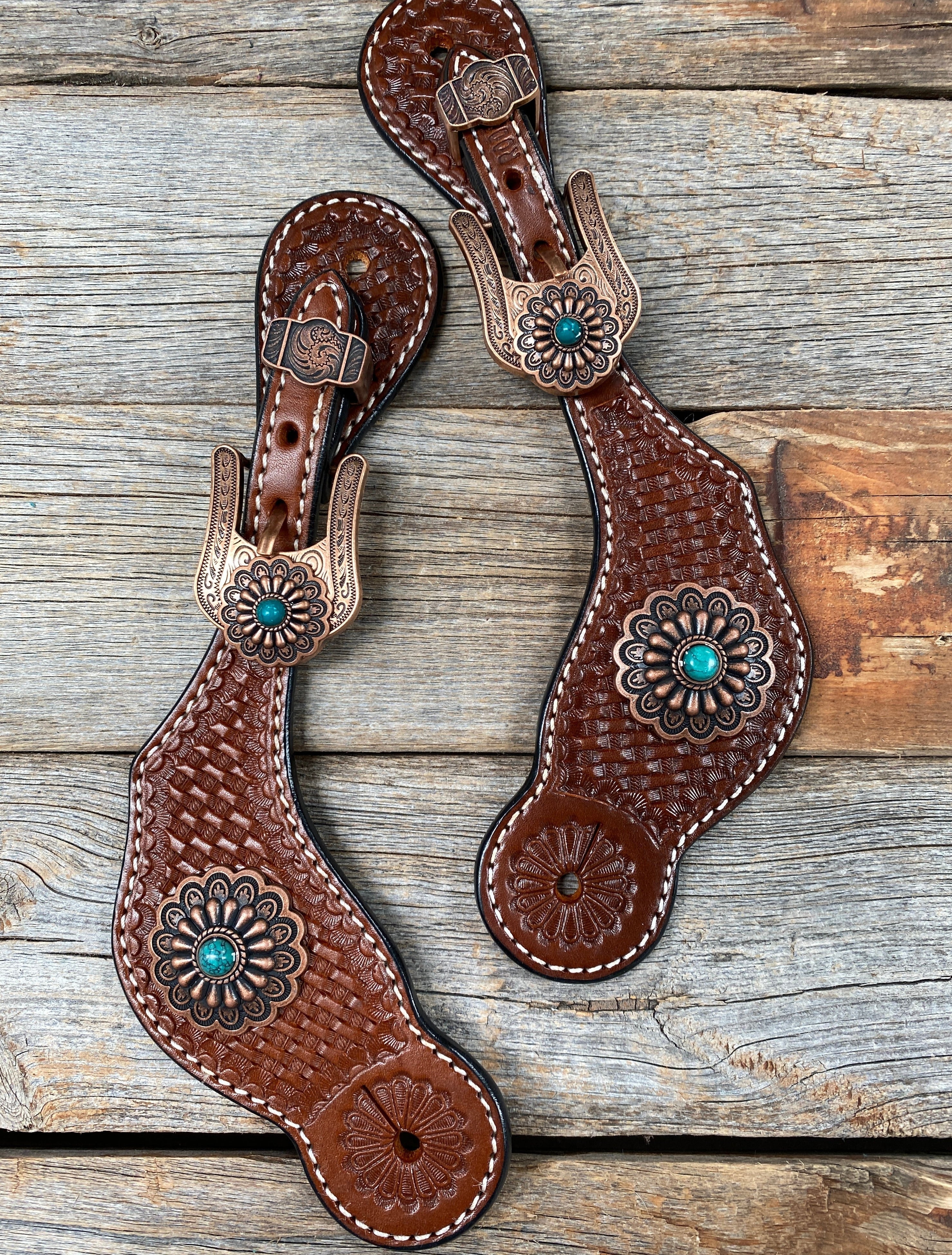 Medium Basketweave Spur Straps - Copper Flower Western Conchos #SS113 - RODEO DRIVE