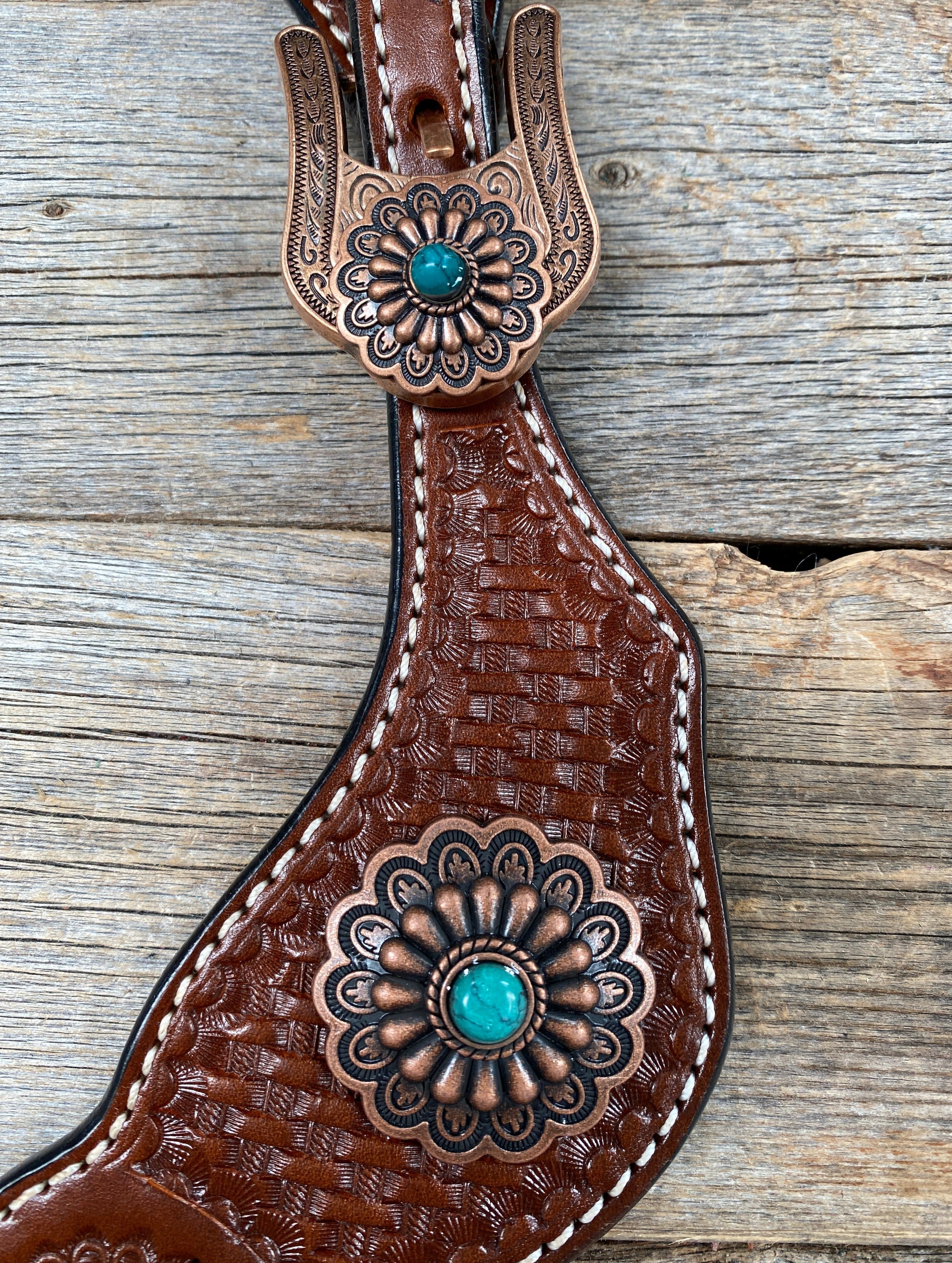 Medium Basketweave Spur Straps - Copper Flower Western Conchos #SS113 - RODEO DRIVE