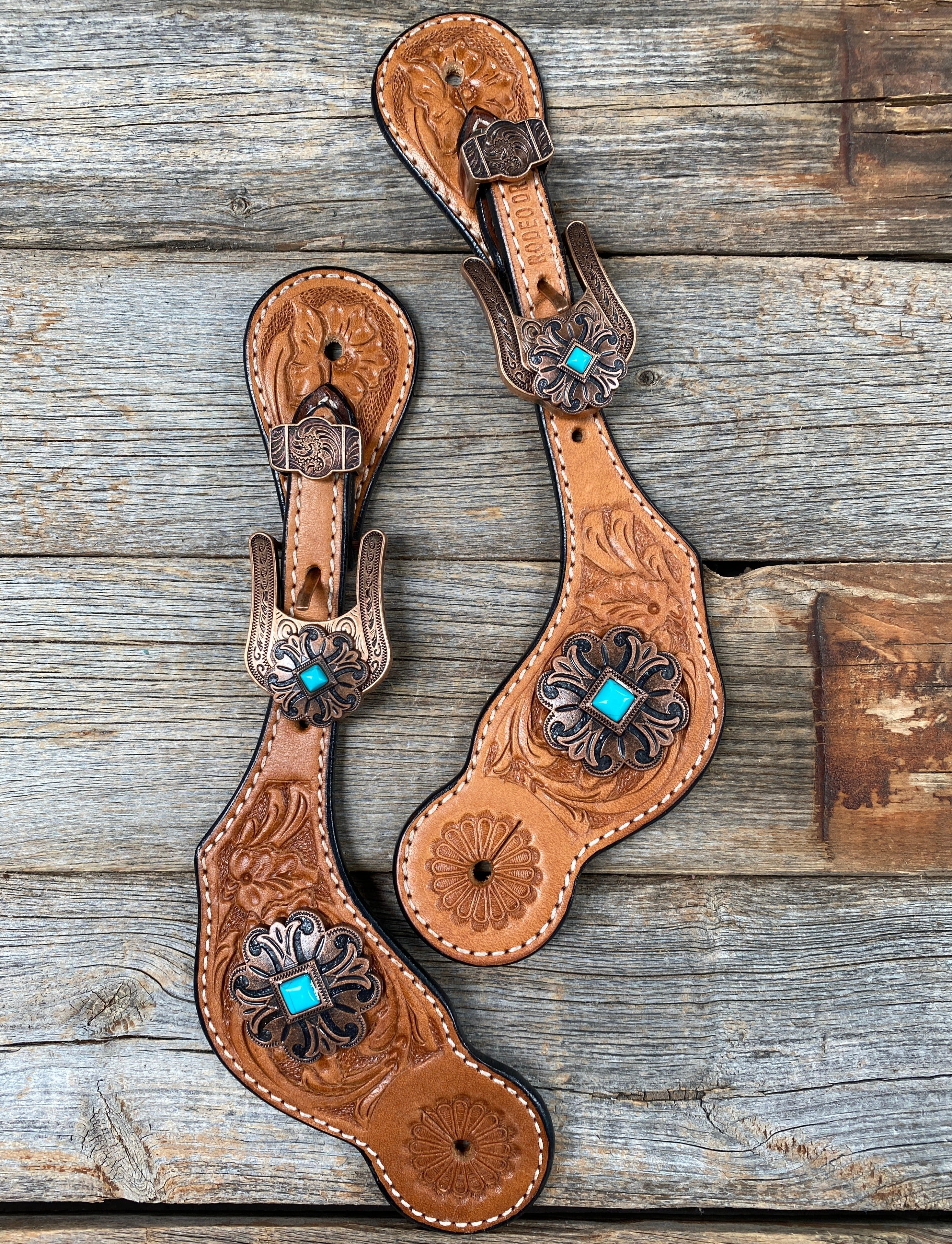 Light Floral Spur Straps - Copper Fleur-De-Lis Western Conchos #SS114 - RODEO DRIVE