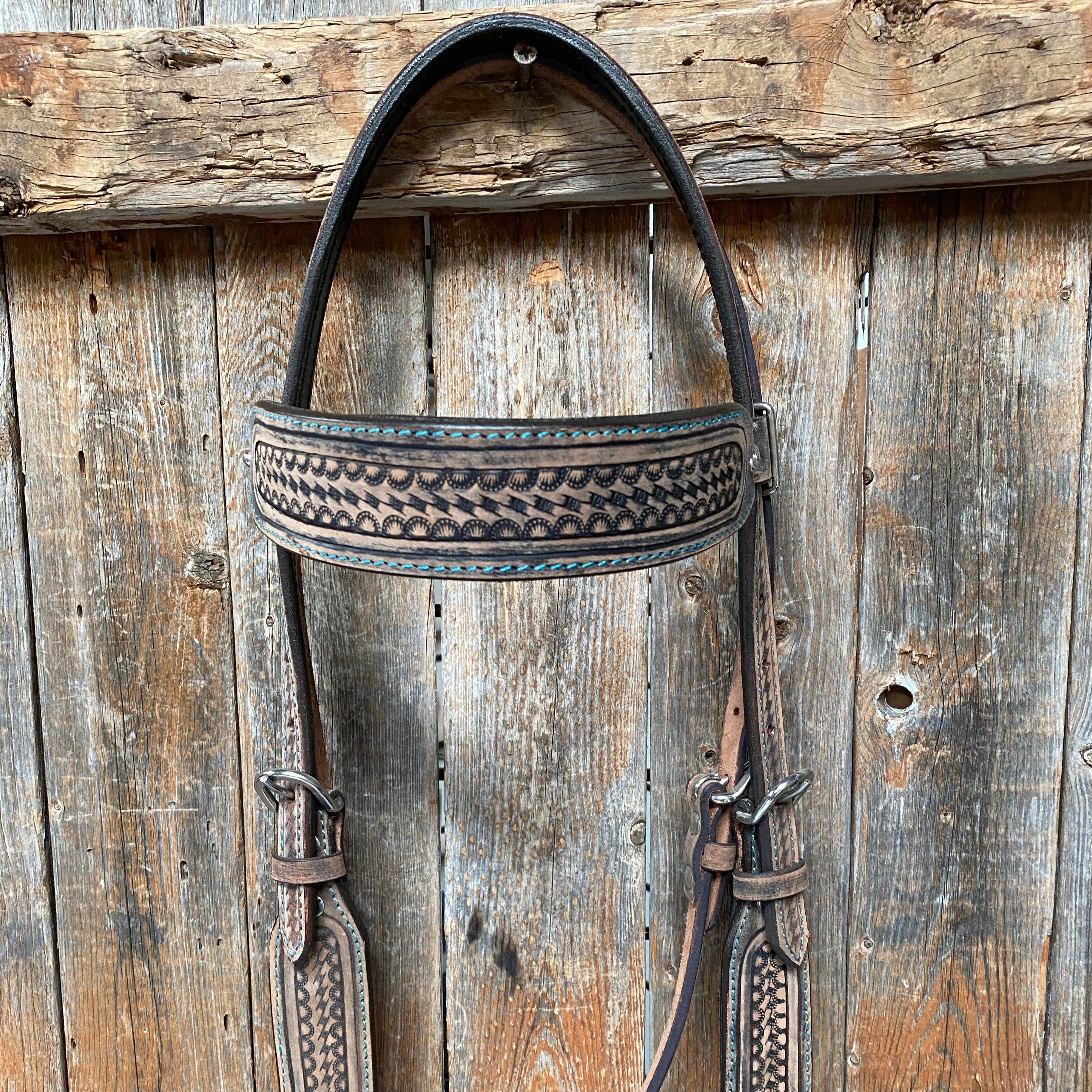 Brushed Buckskin Teal Stitch Browband Headstall/Bridle #ST900 - RODEO DRIVE