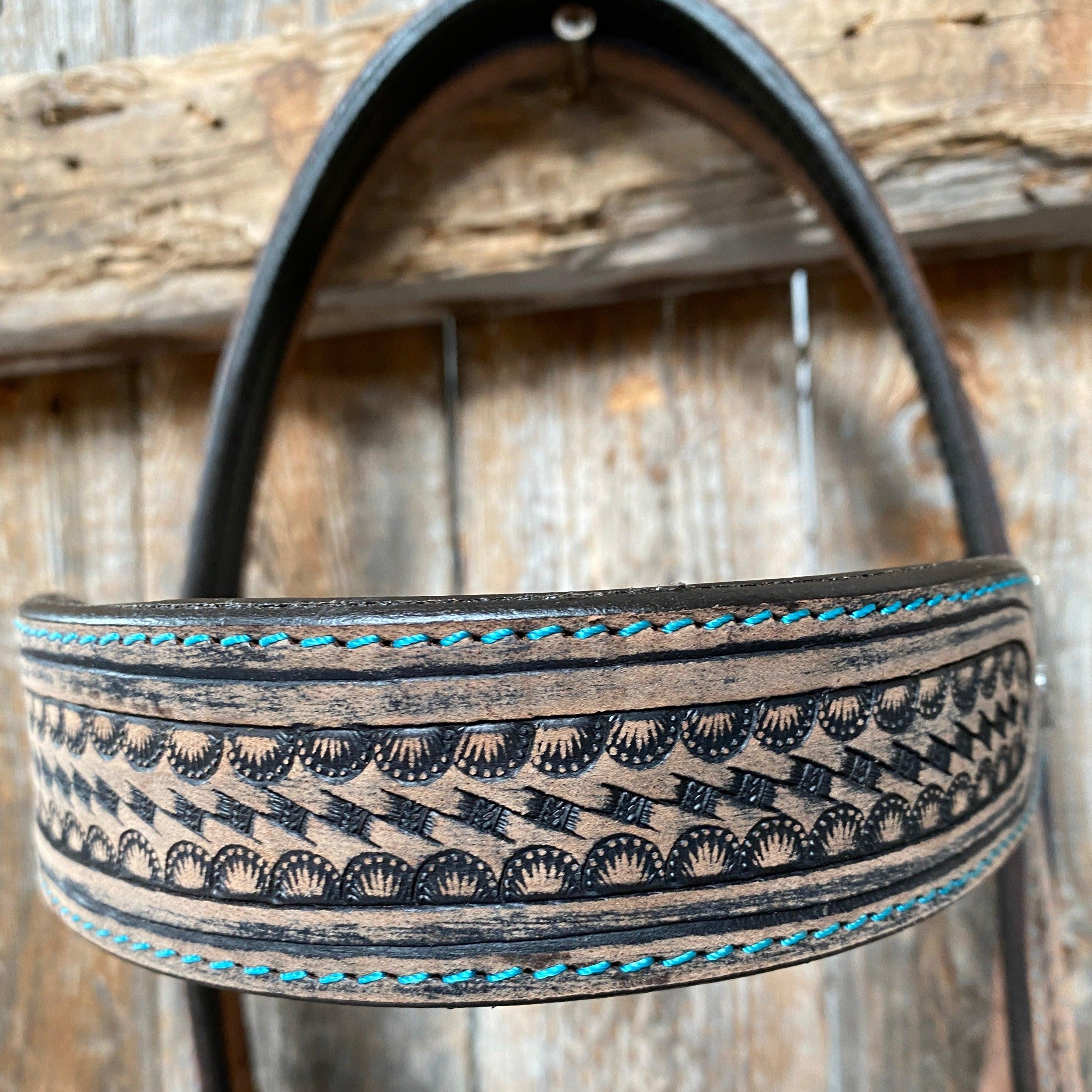 Brushed Buckskin Teal Stitch Browband Headstall/Bridle #ST900 - RODEO DRIVE