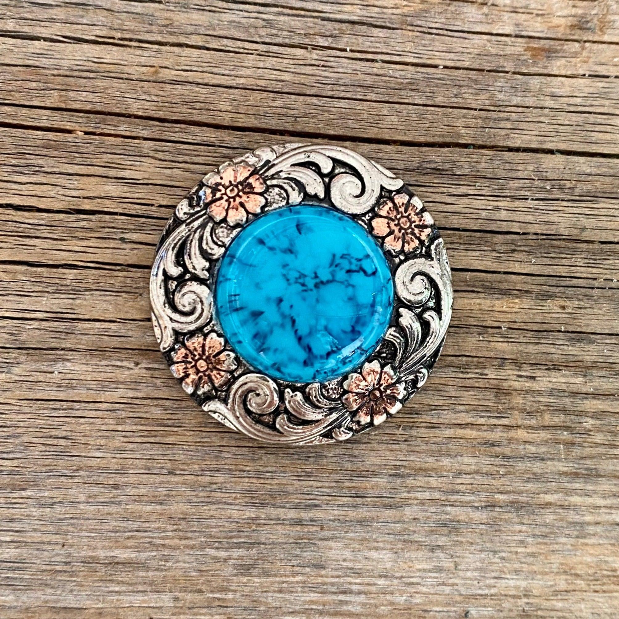 Antique Silver Turquoise Copper Floral Western Concho 1.25