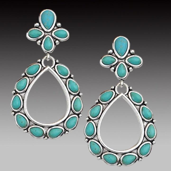 Chunky Turquoise Dangle Silver Fashion Earrings WA160 - RODEO DRIVE