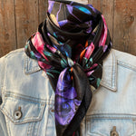 35X35" Black with Pink & Purple Roses Wild Rag/Scarf WR140 - RODEO DRIVE