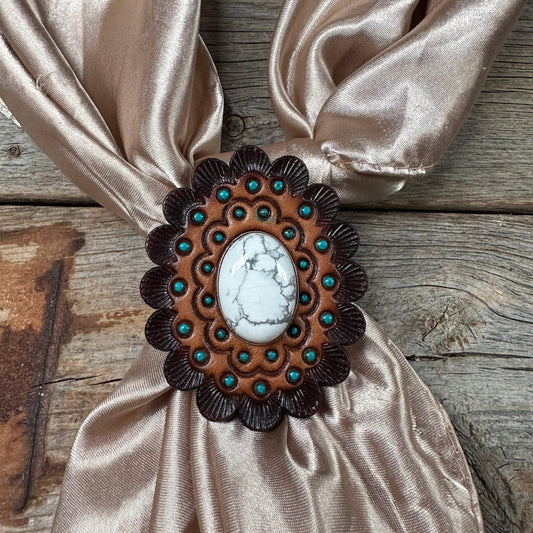 Leather Rosette with White Cabochon Wild Rag Slide #WRSR104WT - RODEO DRIVE