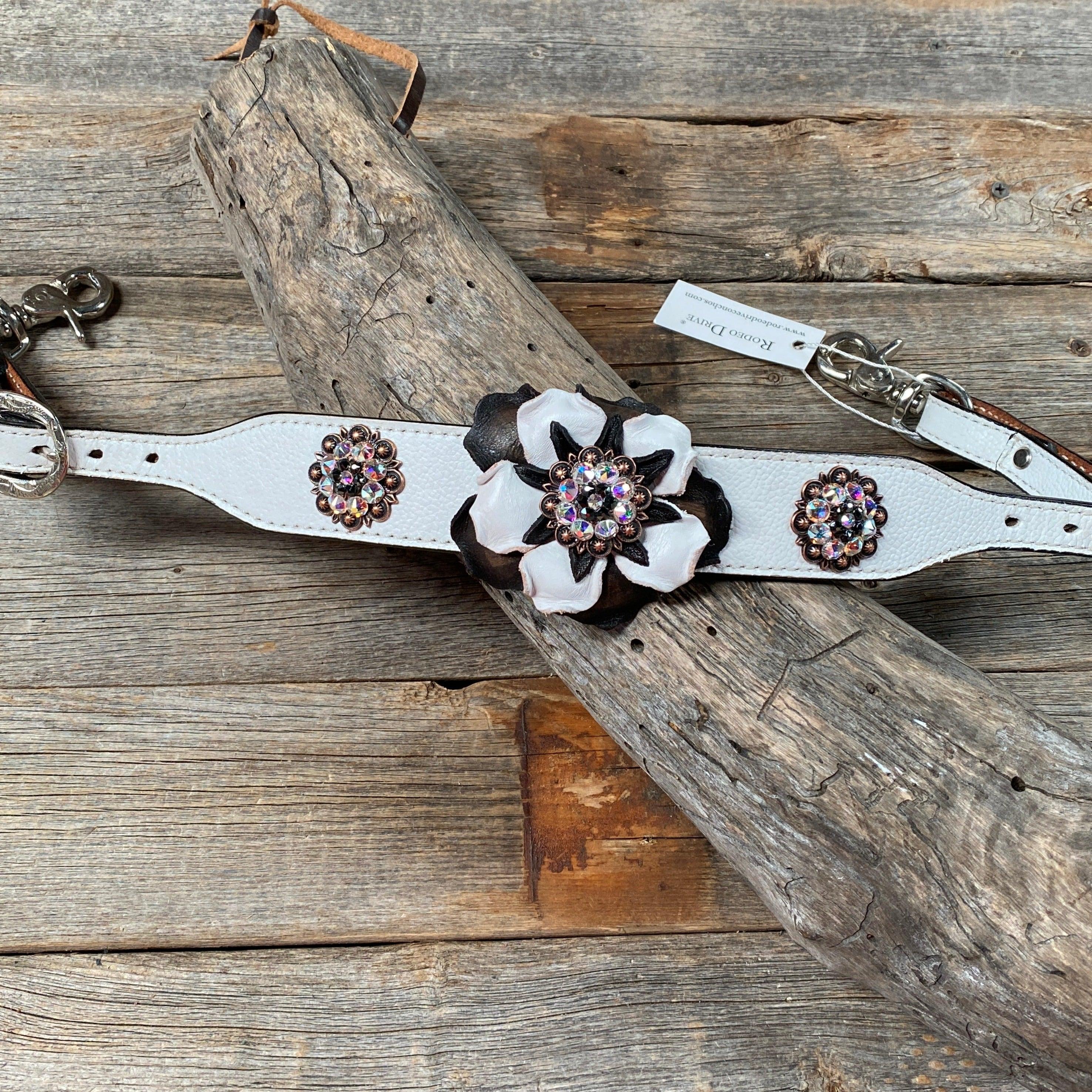 White Leather Floral Wither Strap #WS112 - RODEO DRIVE