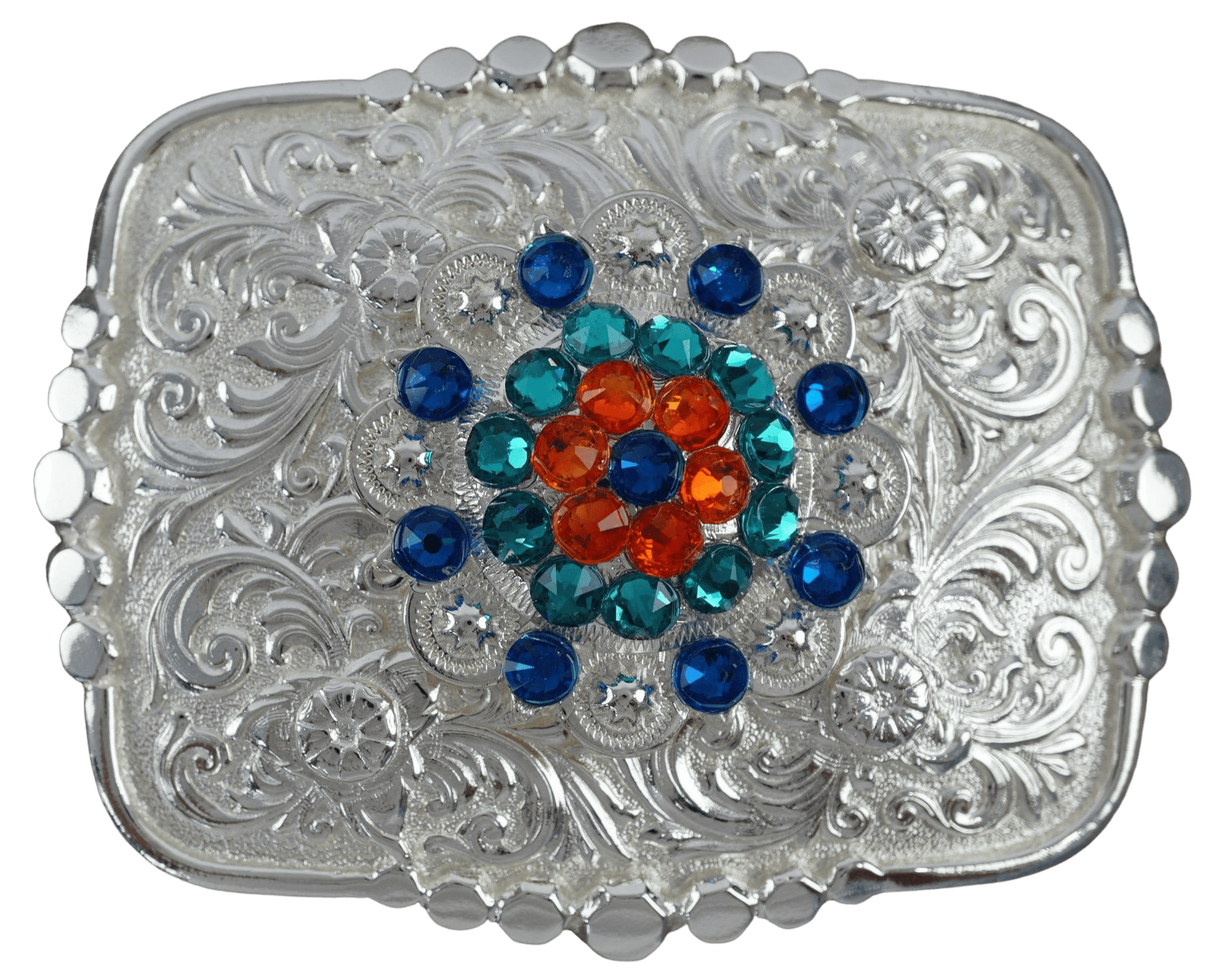 Adapters Bright Silver Belt Buckle with Capri, Fire Opal & Teal European Crystal Concho BSBTADPT3