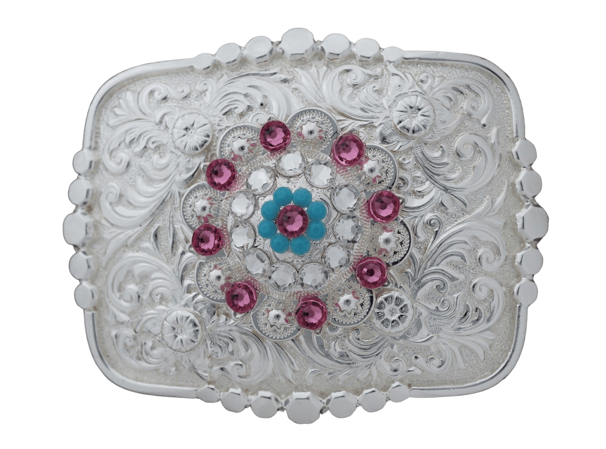 Adapters Bright Silver Belt Buckle With Pink, Turquoise & Clear Concho BSBTADPT6