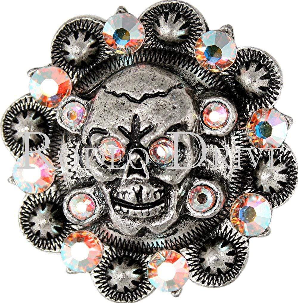 Antique Silver AB Antique Silver 1.75" Skull European Crystal Concho ASSKAB